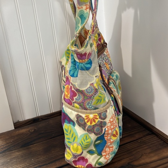 Vintage Fossil Floral Boho Leather and Canvas Tote Bag - Picture 3 of 6